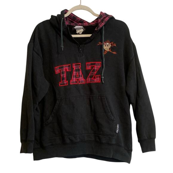 Warner Bros. Tops - Y2K Looney Tunes Black Pink Plaid Taz Tasmanian Devil cartoon Hoodie Size Medium